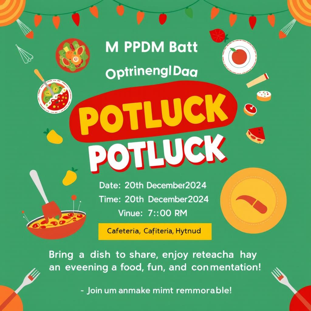 A vibrant and engaging poster for a potluck event titled 'OPTUM PDM Batch Potluck'