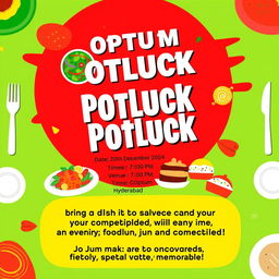A vibrant and engaging poster for a potluck event titled 'OPTUM PDM Batch Potluck'