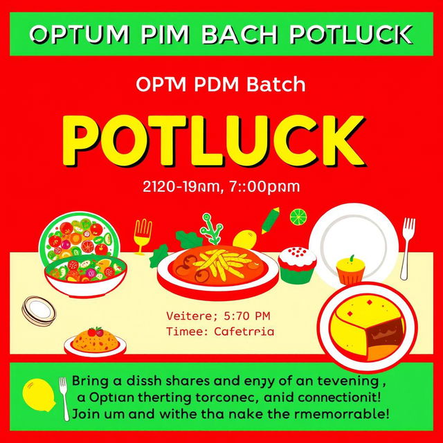 A vibrant and engaging poster for a potluck event titled 'OPTUM PDM Batch Potluck'