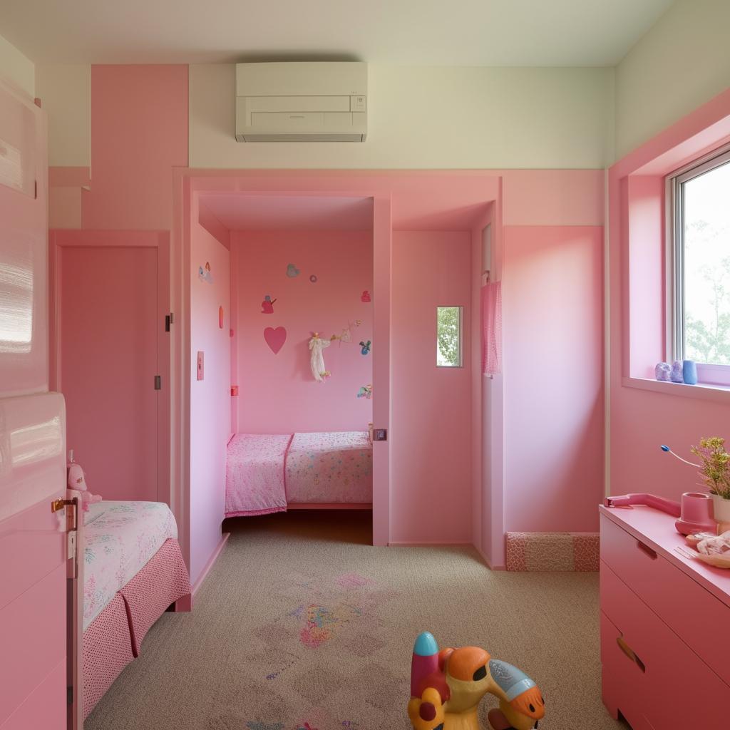 A girl's bedroom with three surrounding walls and a window to the east. The door to the bathroom is adjacent to the northern entrance of the bedroom.