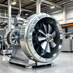 An industrial blower in a modern facility, showcasing the intricate design and mechanisms of the blower