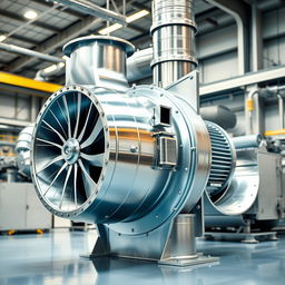 An industrial blower in a modern facility, showcasing the intricate design and mechanisms of the blower