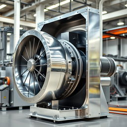 An industrial blower in a modern facility, showcasing the intricate design and mechanisms of the blower