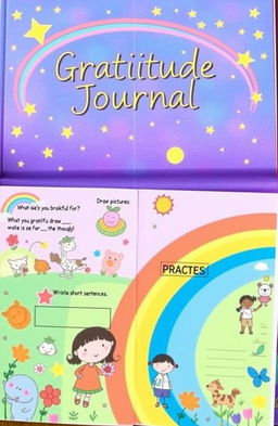 A beautifully illustrated gratitude journal designed for children, featuring colorful pages filled with playful characters like friendly animals and cheerful cartoon kids