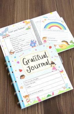 A beautifully illustrated gratitude journal designed for children, featuring colorful pages filled with playful characters like friendly animals and cheerful cartoon kids