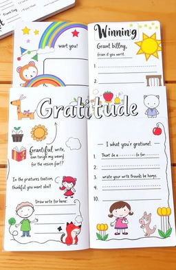 A beautifully illustrated gratitude journal designed for children, featuring colorful pages filled with playful characters like friendly animals and cheerful cartoon kids