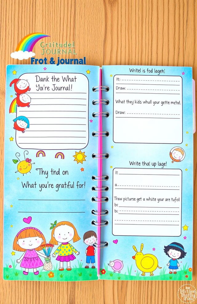 A beautifully illustrated gratitude journal designed for children, featuring colorful pages filled with playful characters like friendly animals and cheerful cartoon kids