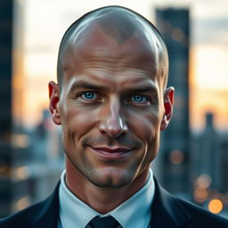A realistic portrait of a bald man with a strong jawline and piercing blue eyes, wearing a tailored dark suit and a crisp white shirt