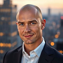 A realistic portrait of a bald man with a strong jawline and piercing blue eyes, wearing a tailored dark suit and a crisp white shirt