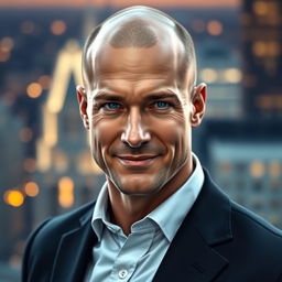 A realistic portrait of a bald man with a strong jawline and piercing blue eyes, wearing a tailored dark suit and a crisp white shirt