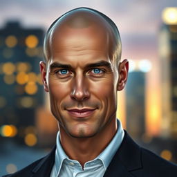 A realistic portrait of a bald man with a strong jawline and piercing blue eyes, wearing a tailored dark suit and a crisp white shirt