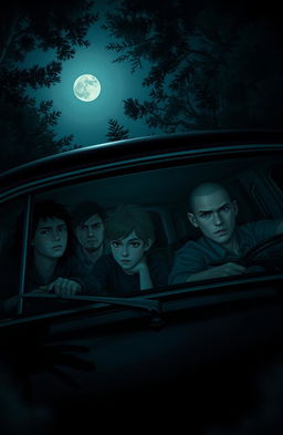 A dark and mysterious scene depicting four friends, two of whom are inside a car