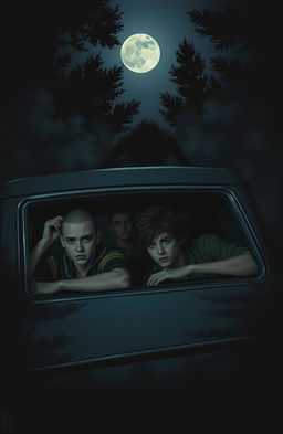 A dark and mysterious scene depicting four friends, two of whom are inside a car