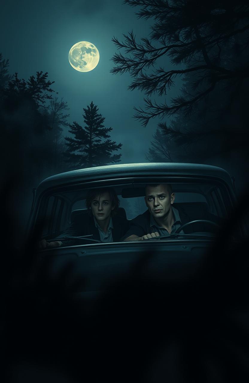 A dark and mysterious scene depicting four friends, two of whom are inside a car