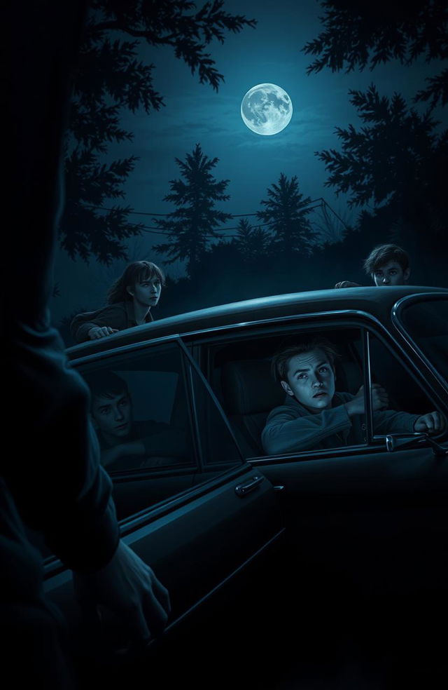 A dark and mysterious scene depicting four friends, two of whom are inside a car