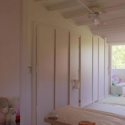 A girl's bedroom with three surrounding walls and a window to the east. The door to the bathroom is adjacent to the northern entrance of the bedroom.