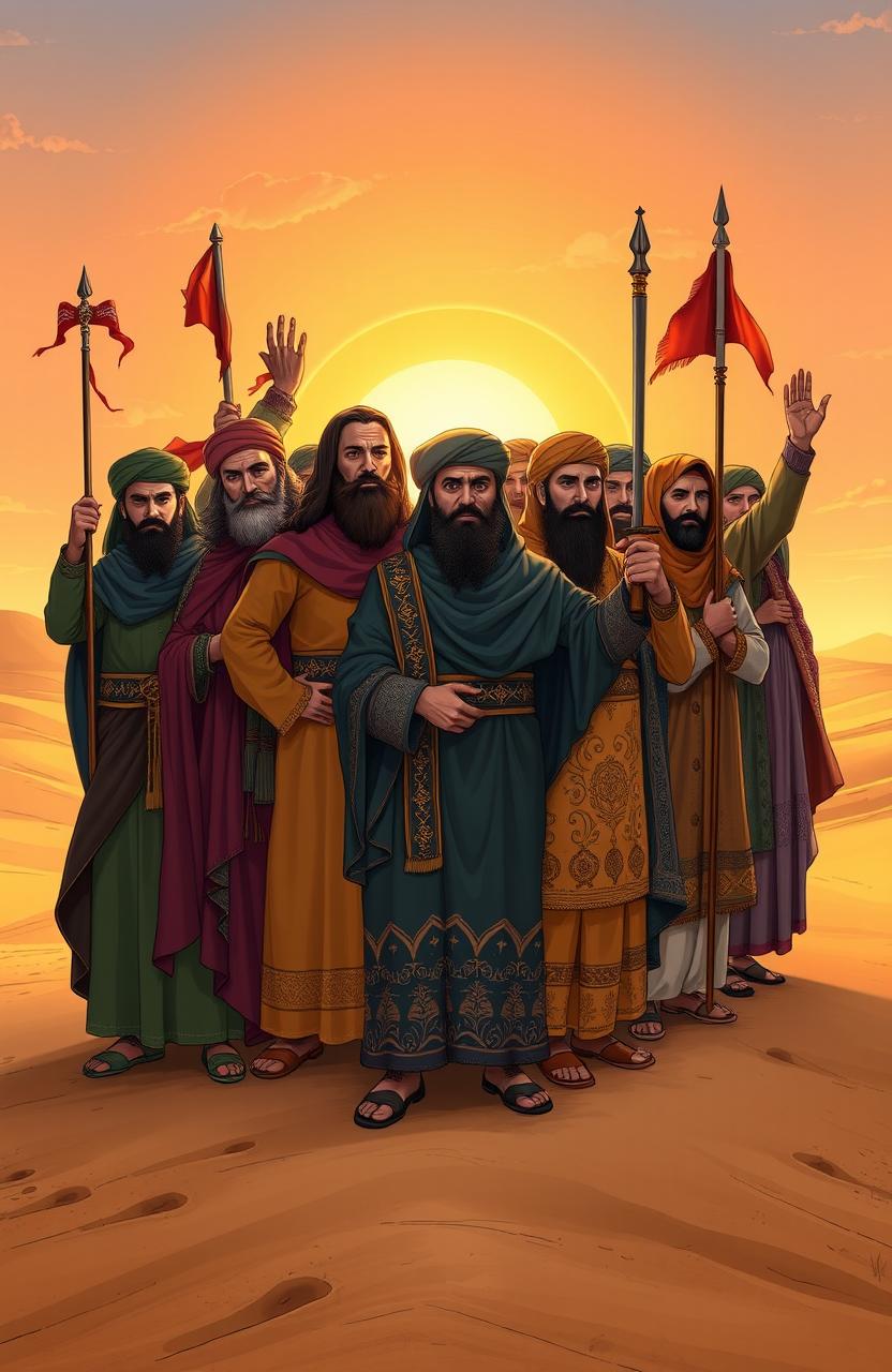 A dramatic and inspiring illustration of the 313 companions of Imam Mahdi, dressed in traditional, vibrant Persian attire, standing united in a desert landscape