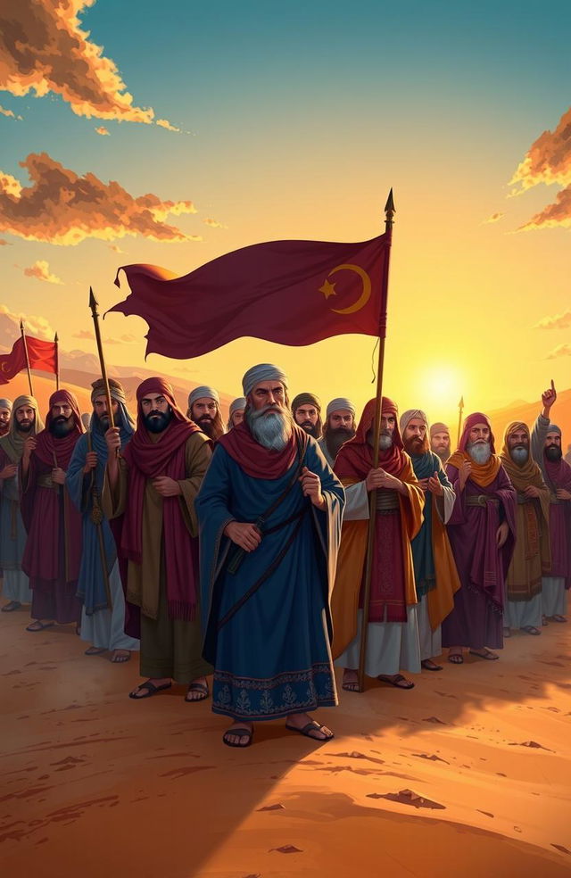 A dramatic and inspiring illustration of the 313 companions of Imam Mahdi, dressed in traditional, vibrant Persian attire, standing united in a desert landscape