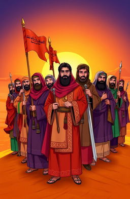 A dramatic and inspiring illustration of the 313 companions of Imam Mahdi, dressed in traditional, vibrant Persian attire, standing united in a desert landscape