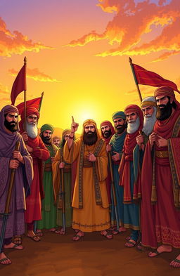 A dramatic and inspiring illustration of the 313 companions of Imam Mahdi, dressed in traditional, vibrant Persian attire, standing united in a desert landscape