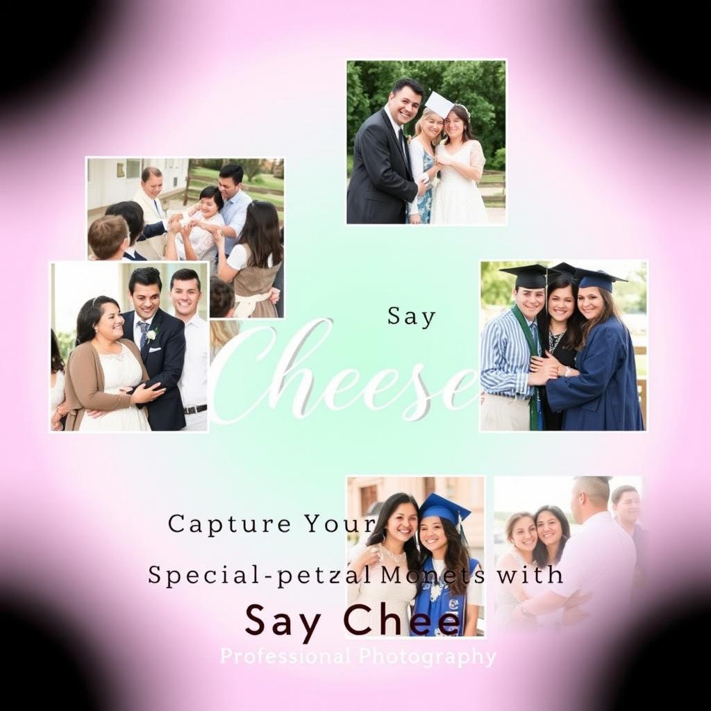 An elegant and eye-catching advertisement for an Instagram business profile titled 'Say Cheese', showcasing photography