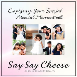 An elegant and eye-catching advertisement for an Instagram business profile titled 'Say Cheese', showcasing photography