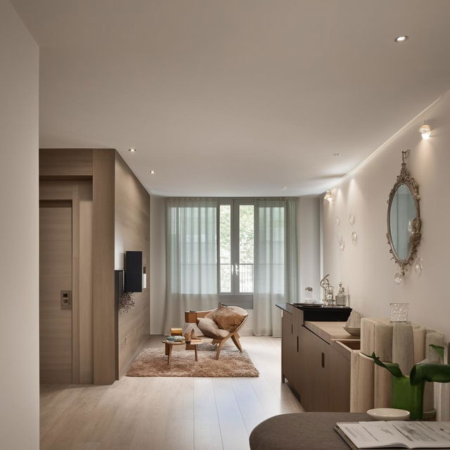 A modern, comfortable interior design for an apartment, tailored to the taste of a senior couple.