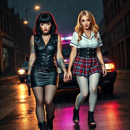 A vibrant and striking image featuring two sexy, hot, beautiful, curvy, thick, tattooed 18-year-old girls