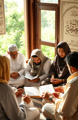 A serene and inspiring scene depicting a diverse group of adult men and women sitting in a peaceful, sunlit environment learning from the Quran