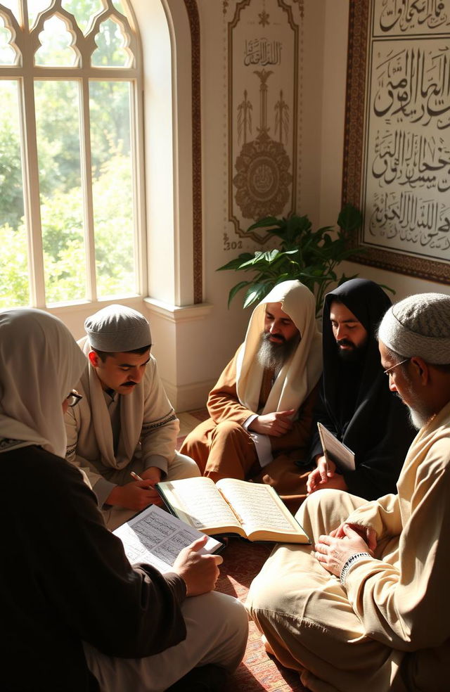 A serene and inspiring scene depicting a diverse group of adult men and women sitting in a peaceful, sunlit environment learning from the Quran