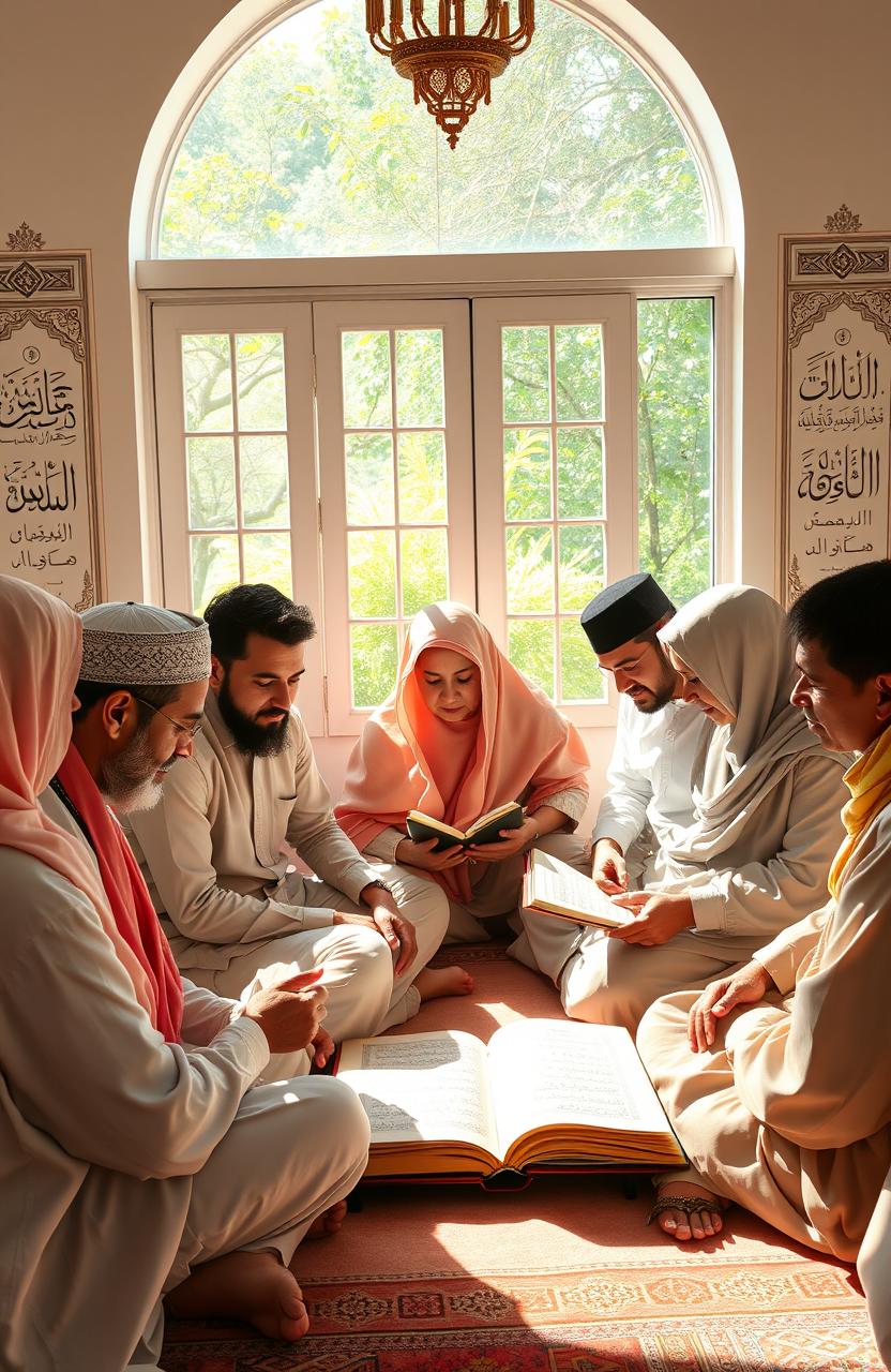 A serene and inspiring scene depicting a diverse group of adult men and women sitting in a peaceful, sunlit environment learning from the Quran