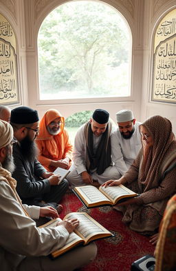 A serene and inspiring scene depicting a diverse group of adult men and women sitting in a peaceful, sunlit environment learning from the Quran