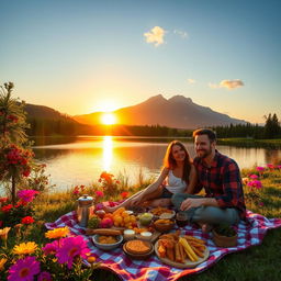 A vibrant outdoor scene featuring a serene lake surrounded by lush greenery and colorful flowers in full bloom