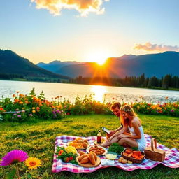A vibrant outdoor scene featuring a serene lake surrounded by lush greenery and colorful flowers in full bloom