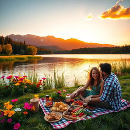 A vibrant outdoor scene featuring a serene lake surrounded by lush greenery and colorful flowers in full bloom