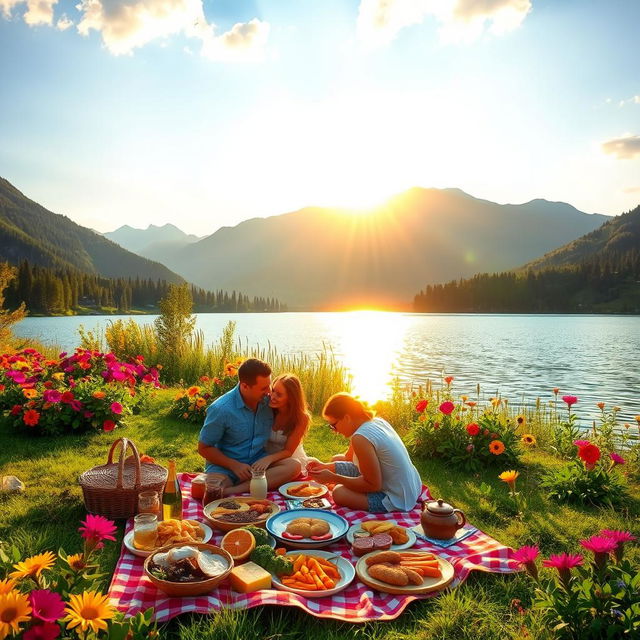 A vibrant outdoor scene featuring a serene lake surrounded by lush greenery and colorful flowers in full bloom