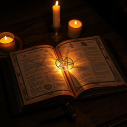 A stunning, ancient magic grimoire lying open on a wooden table, illuminated by flickering candlelight