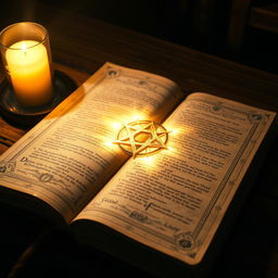 A stunning, ancient magic grimoire lying open on a wooden table, illuminated by flickering candlelight