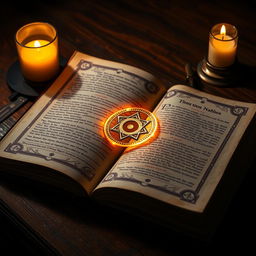 A stunning, ancient magic grimoire lying open on a wooden table, illuminated by flickering candlelight
