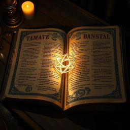 A stunning, ancient magic grimoire lying open on a wooden table, illuminated by flickering candlelight
