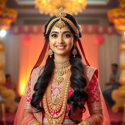A beautiful young bride clad in an exquisite Indian wedding lehenga, richly embellished with intricate embroidery and vibrant colors, showcasing traditional gold and silver jewelry including heavy necklaces, earrings, bangles, and a majestic maang tikka on her forehead