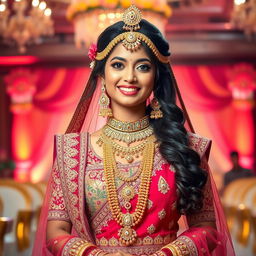 A beautiful young bride clad in an exquisite Indian wedding lehenga, richly embellished with intricate embroidery and vibrant colors, showcasing traditional gold and silver jewelry including heavy necklaces, earrings, bangles, and a majestic maang tikka on her forehead