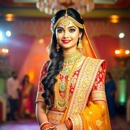 A beautiful young bride clad in an exquisite Indian wedding lehenga, richly embellished with intricate embroidery and vibrant colors, showcasing traditional gold and silver jewelry including heavy necklaces, earrings, bangles, and a majestic maang tikka on her forehead