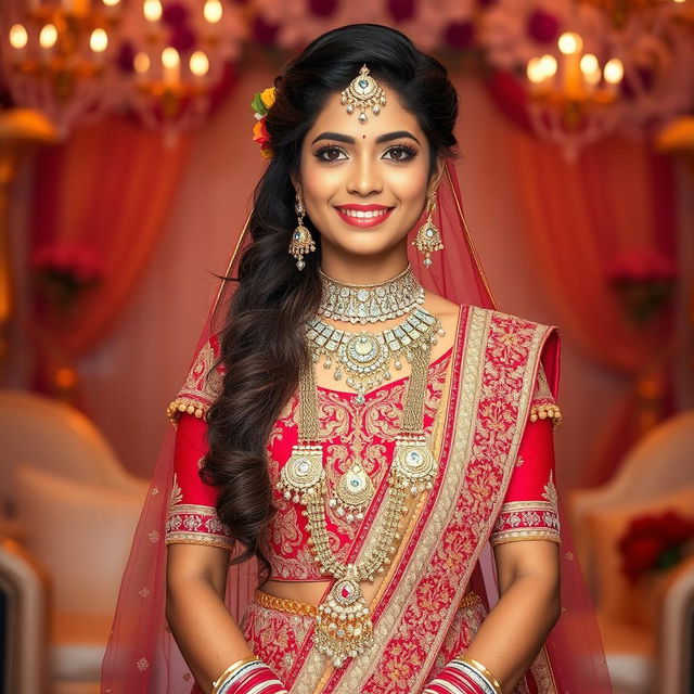 A beautiful young bride clad in an exquisite Indian wedding lehenga, richly embellished with intricate embroidery and vibrant colors, showcasing traditional gold and silver jewelry including heavy necklaces, earrings, bangles, and a majestic maang tikka on her forehead