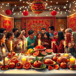 A festive and vibrant celebration of Yalda Night, with elements symbolizing joy and togetherness