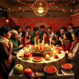 A festive and vibrant celebration of Yalda Night, with elements symbolizing joy and togetherness