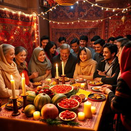A festive and vibrant celebration of Yalda Night, with elements symbolizing joy and togetherness