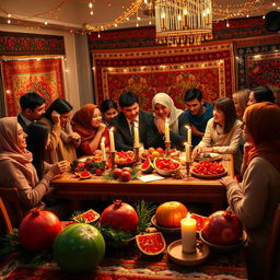 A festive and vibrant celebration of Yalda Night, with elements symbolizing joy and togetherness