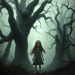 A scene depicting a haunted forest, shrouded in mist, with towering ancient trees and a dark, eerie atmosphere
