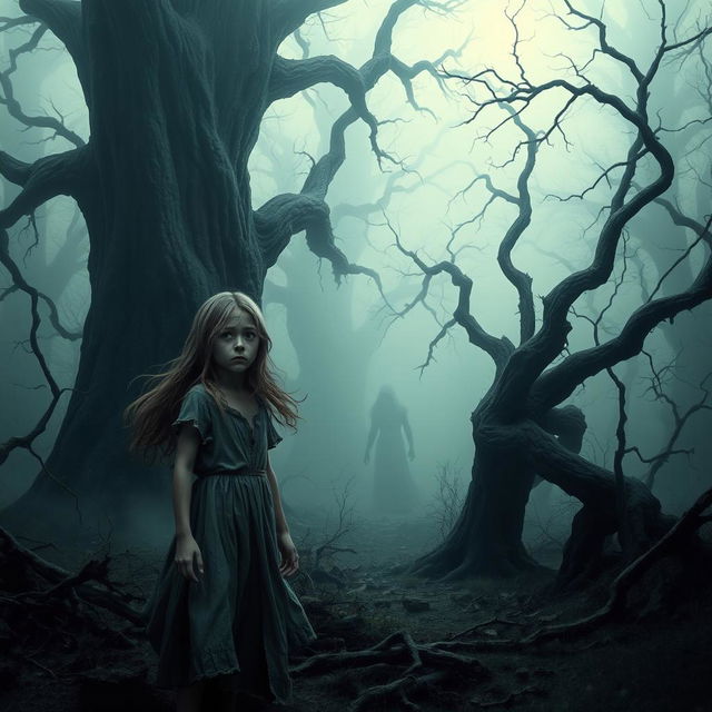 A scene depicting a haunted forest, shrouded in mist, with towering ancient trees and a dark, eerie atmosphere